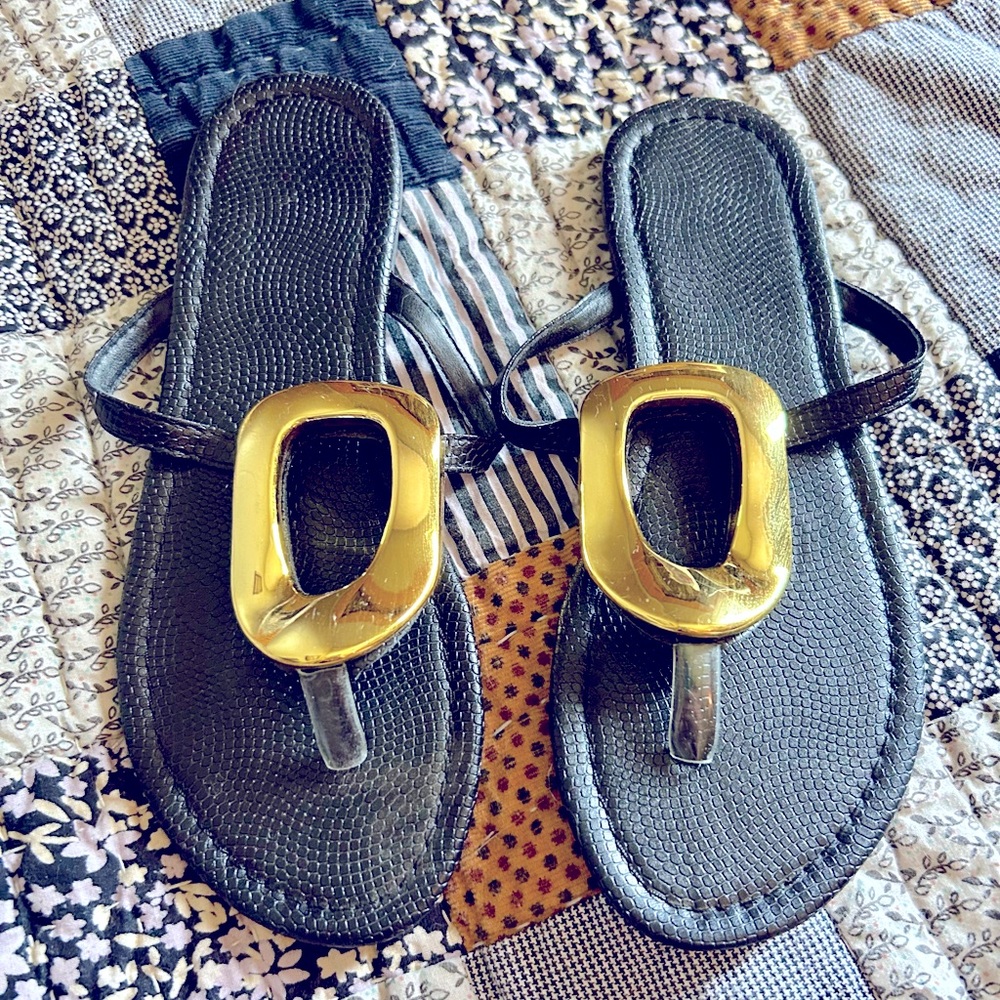 Black Sandals with Gold Accents